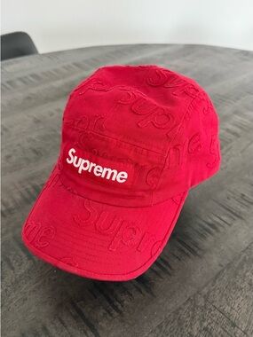 Supreme Red Embroidered Script Camp Cap with White Box Logo